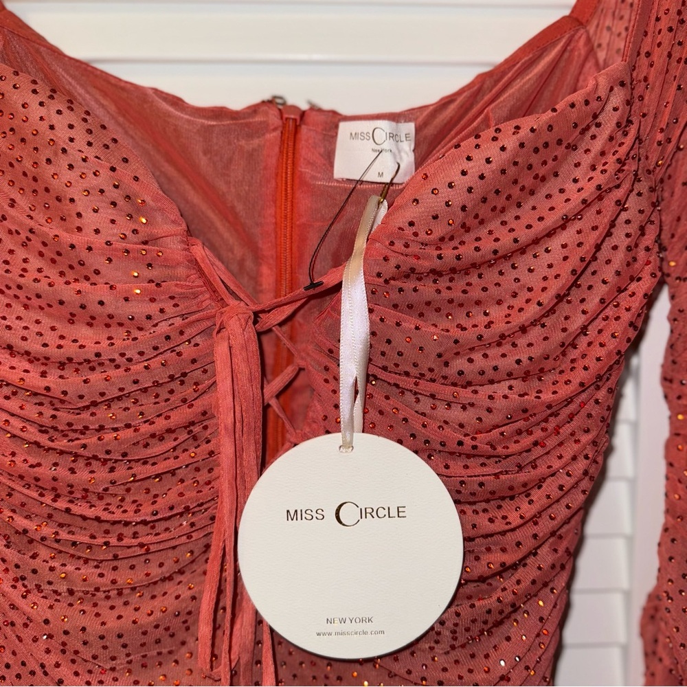 NEW Miss Circle Ruched Mesh Crystal Sparkle Long Sleeve Bodycon Dress Medium - Picture 5 of 12
